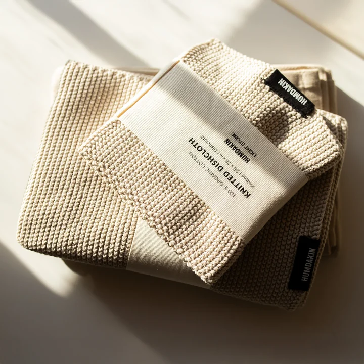 Humdakin - Knitted dishcloth and kitchen towel, light stone