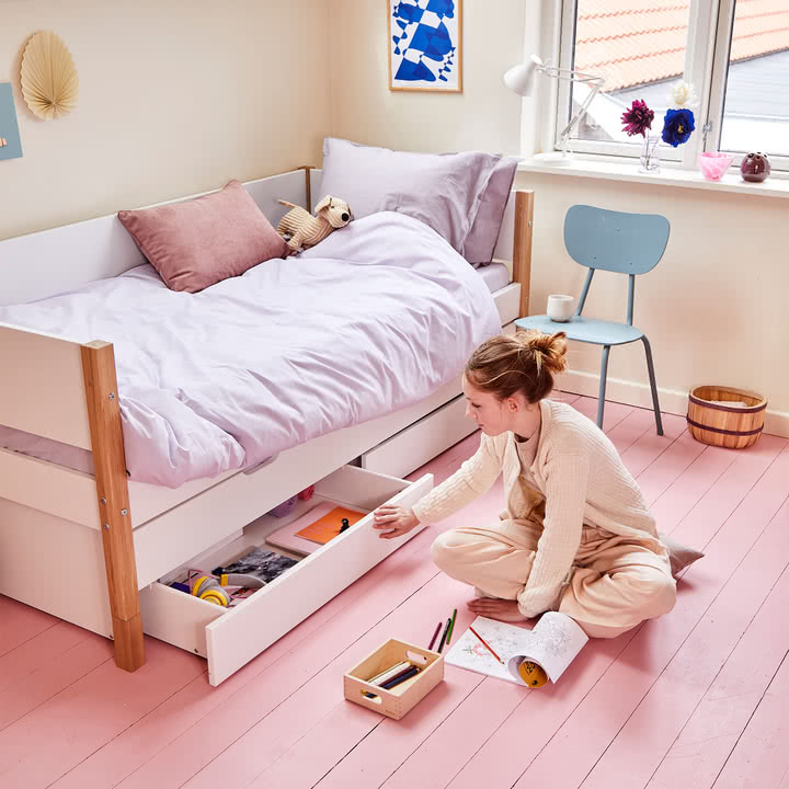 Flexa - Nor Single bed with pull-out bed and storage, 90 x 200 cm, oak / white