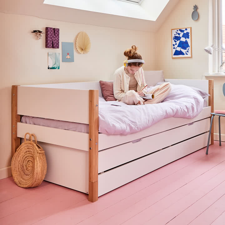 Flexa - Nor Single bed with pull-out bed and storage, 90 x 200 cm, oak / white