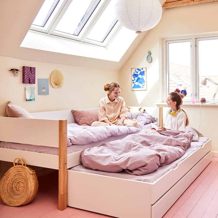 Flexa - Nor Single bed with pull-out bed and storage, 90 x 200 cm, oak / white
