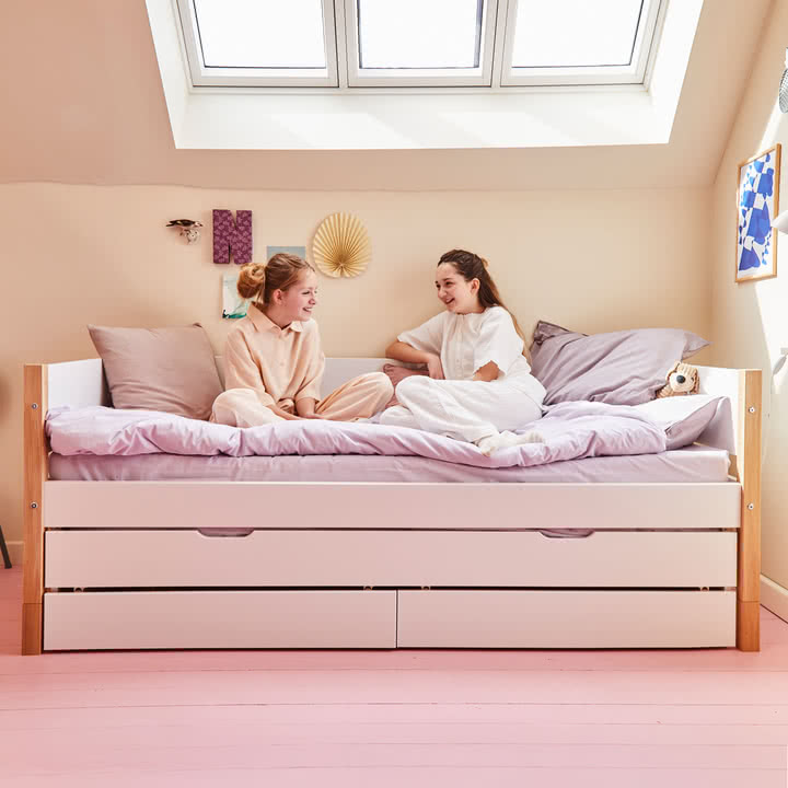 Flexa - Nor Single bed with pull-out bed and storage, 90 x 200 cm, oak / white