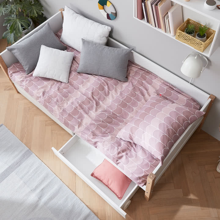Flexa - Nor Single bed with pull-out bed and storage, 90 x 200 cm, oak / white