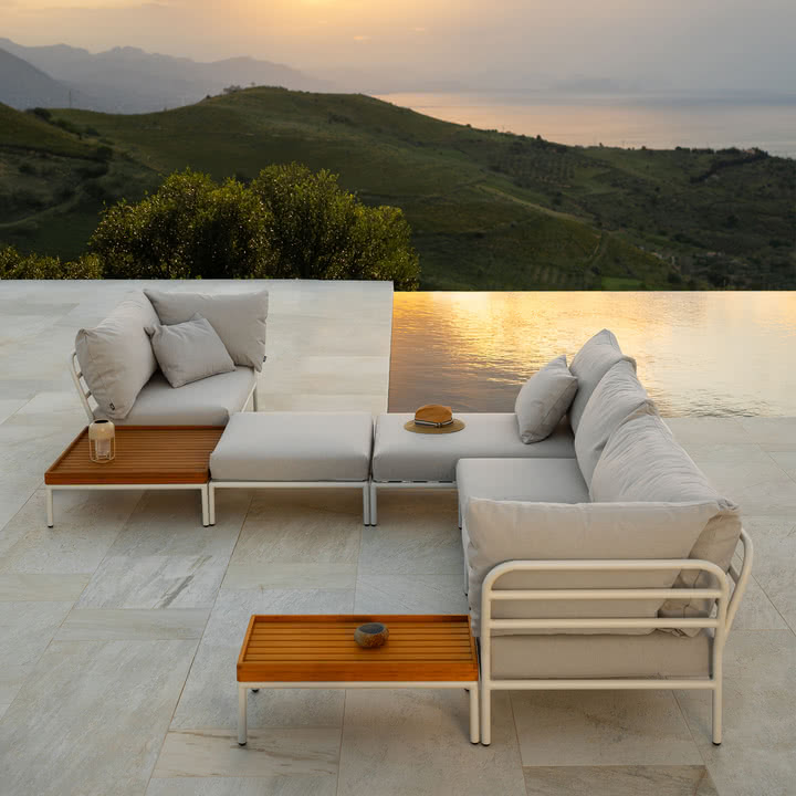 HOUE - Level 2 Sofa, muted white / ash, coffee table 81 x 81 cm bamboo, muted white