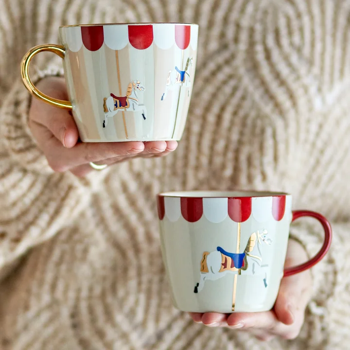 Bloomingville - Merry-go-round Christmas mug with handle, Ø 9.5 cm, H 8 cm, red / white (set of 2)