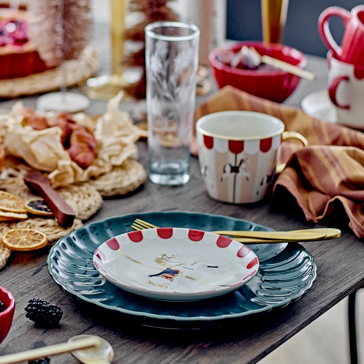 Bloomingville - Merry-go-round Christmas mug with handle, Ø 9.5 cm, H 8 cm, red / white (set of 2)