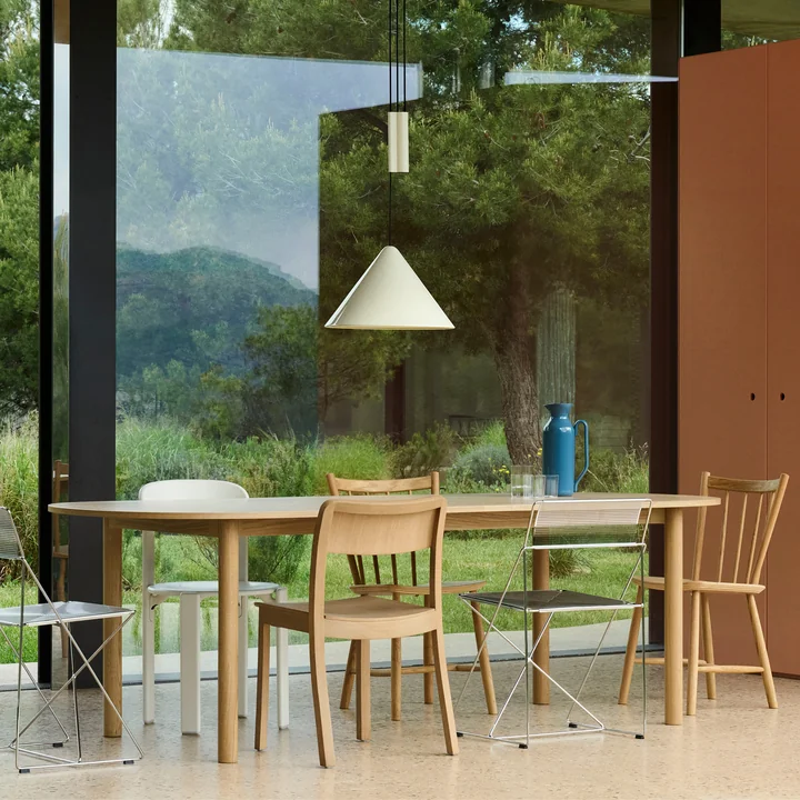 HAY - Annex elongated dining table, Compass Height-adjustable pendant light