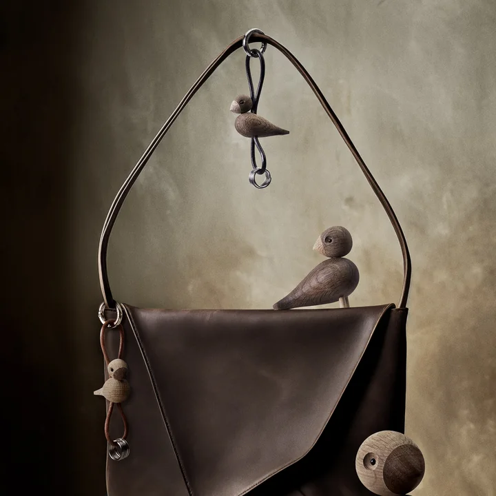 Kay Bojesen - Bird key ring, untreated oak / gold / natural leather
