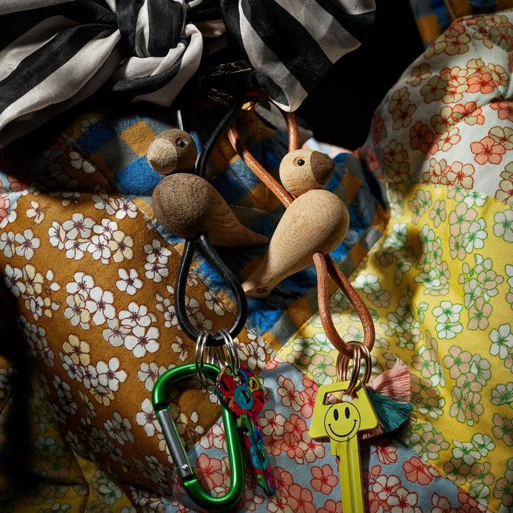 Kay Bojesen - Bird key ring, untreated oak / gold / natural leather