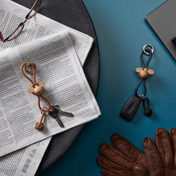 Kay Bojesen - Monkey key fob, oiled teak / oiled limba / silver / black leather