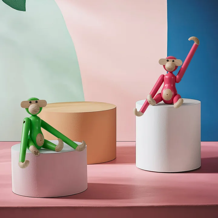 Kay Bojesen - Wooden monkey mini, pink and light green