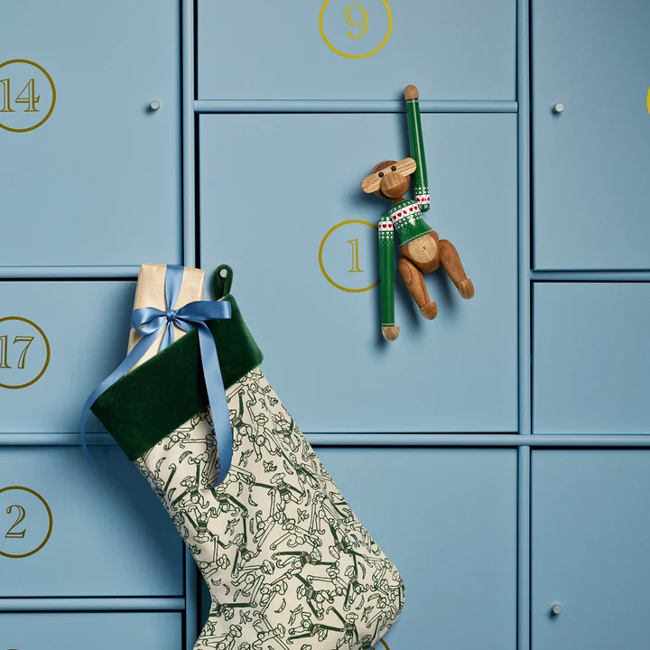 Kay Bojesen - Wooden monkey, Christmas Jumper 2025, mini, limba wood / teak wood / green