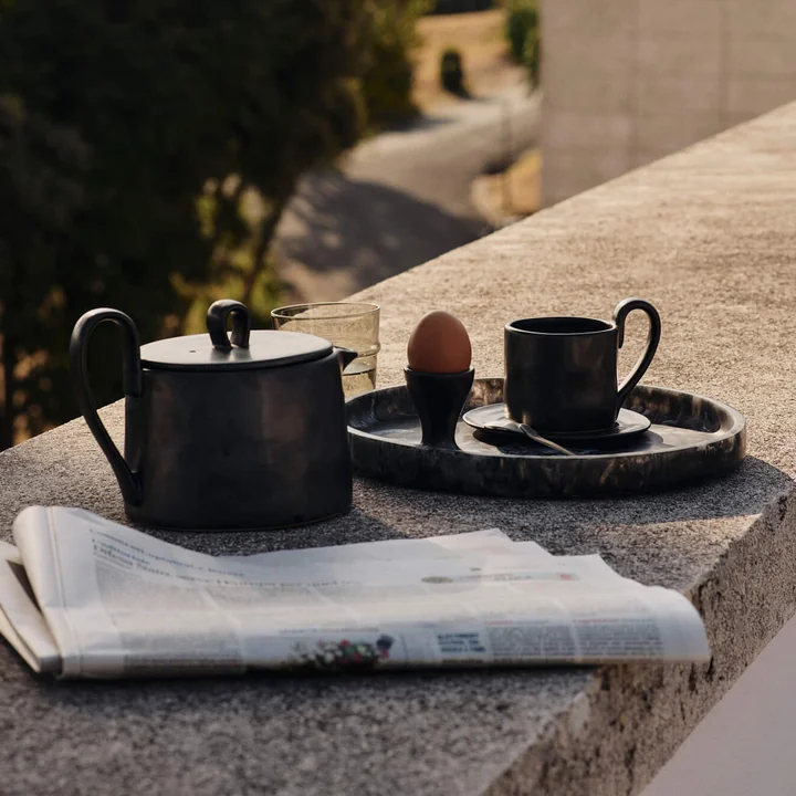 Ferm Living - Flow teapot, 150 cl, cup with saucer and egg cup, black