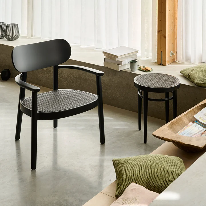 Thonet - 214 RH Stool, Dark Melange wickerwork with plastic support fabric / black beech (TP 29)