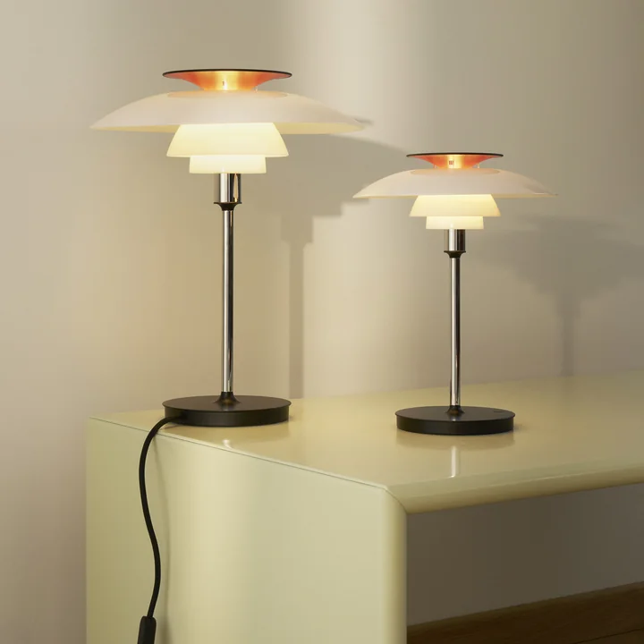 Louis Poulsen - PH80 table lamp and battery-powered lamp, opal white / high-gloss chrome-plated