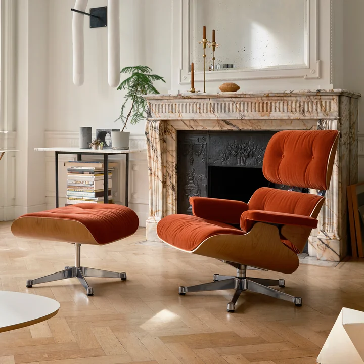 Vitra - Lounge Chair & Ottoman, polished, natural cherry, Calma, 07 brandy