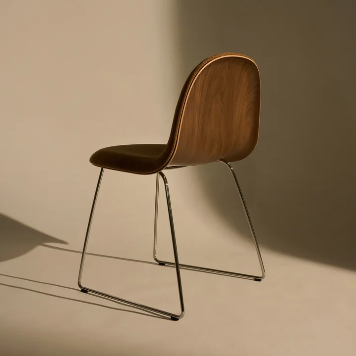Gubi - 3D chair, polished stainless steel / walnut / brown orange (Belsuede Special FR 132 by Dedar)