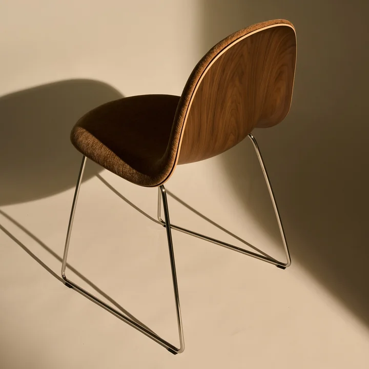 Gubi - 3D chair, polished stainless steel / walnut / brown orange (Belsuede Special FR 132 by Dedar)