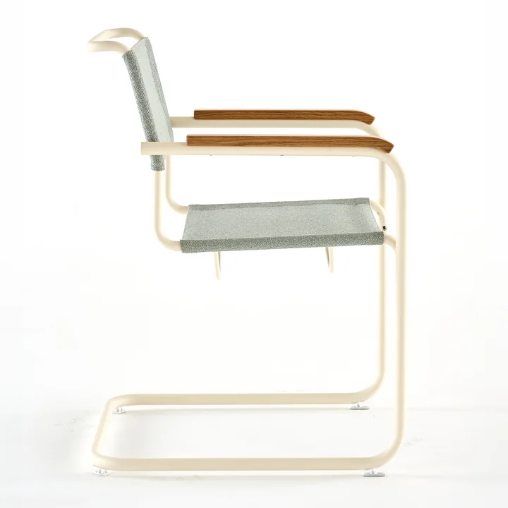 Thonet - S 34 V Armchair, pearl white / ray (Rohi Cento fabric) / oiled oak armrests