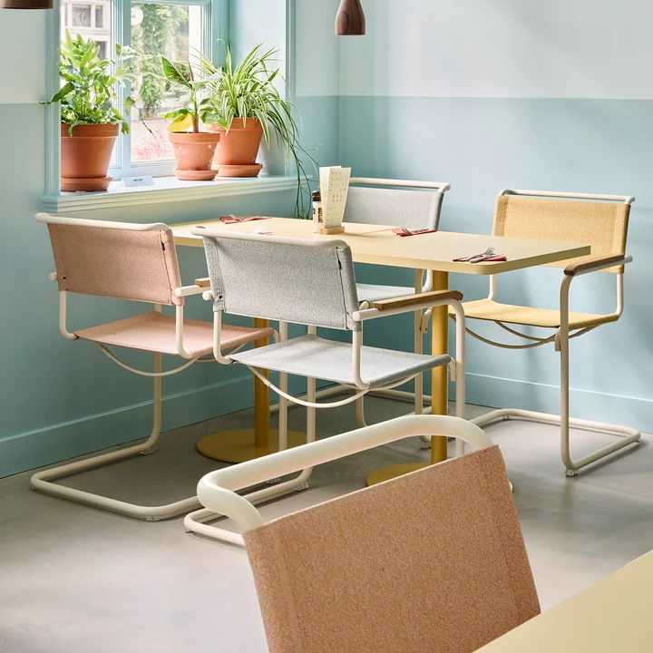 Thonet - S 34 V Armchairs, pearl white (Rohi Cento fabric) / oiled oak armrests