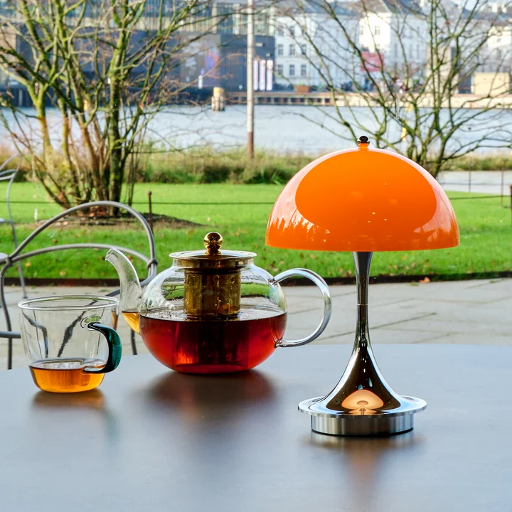 Louis Poulsen - Panthella 160 Portable V3 rechargeable LED table lamp, chrome / original opal orange
