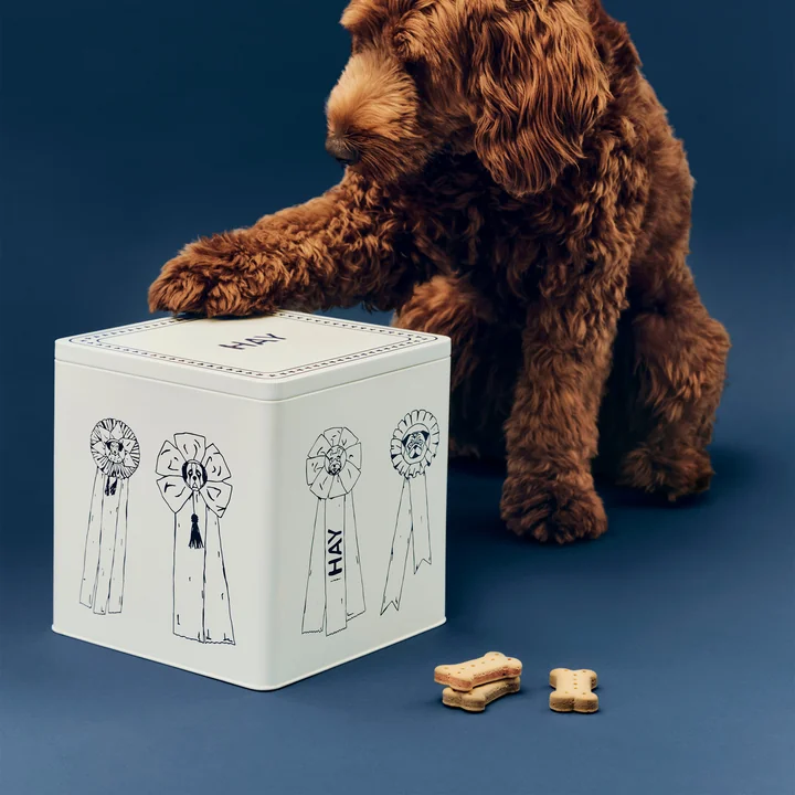 HAY - Dogs food storage tin L, blue / white