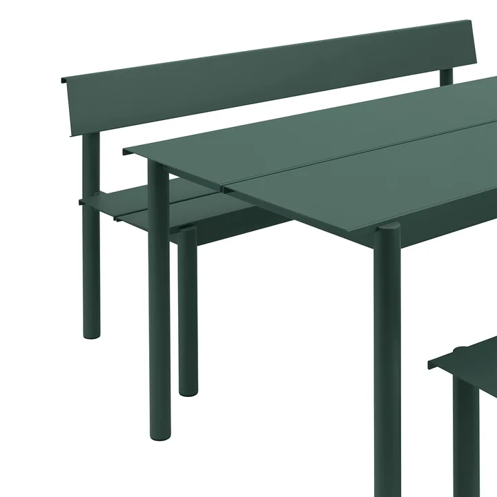Muuto - Linear Steel Bench with backrest, 170 cm at garden table, dark green