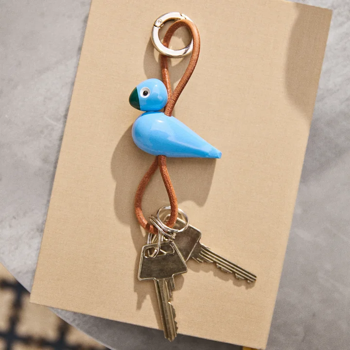 Kay Bojesen - Bird key fob, metal, natural leather blue