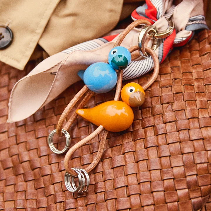 Kay Bojesen - Bird key fob, metal, natural leather blue and orange