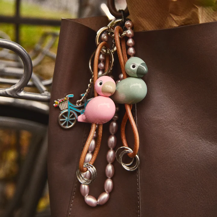 Kay Bojesen - Bird key ring, metal, natural leather pink and green