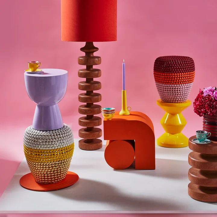 POLSPOTTEN - Dot Stool, striped, white and coral red