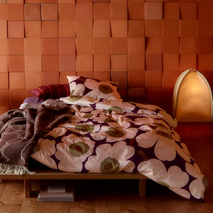Marimekko - Unikko Satin pillowcase and duvet cover, plum / pink / elmwood / toffee