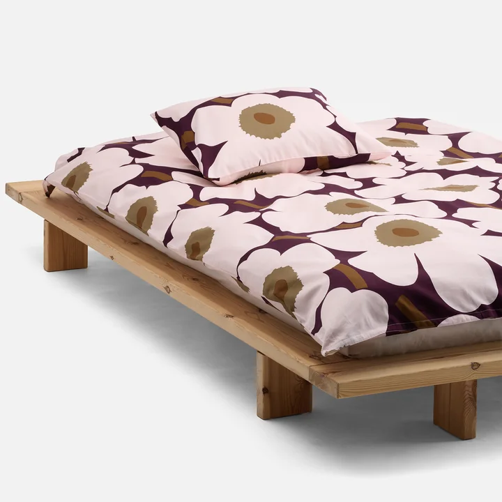 Marimekko - Unikko Satin pillowcase and duvet cover, plum / pink / elmwood / toffee