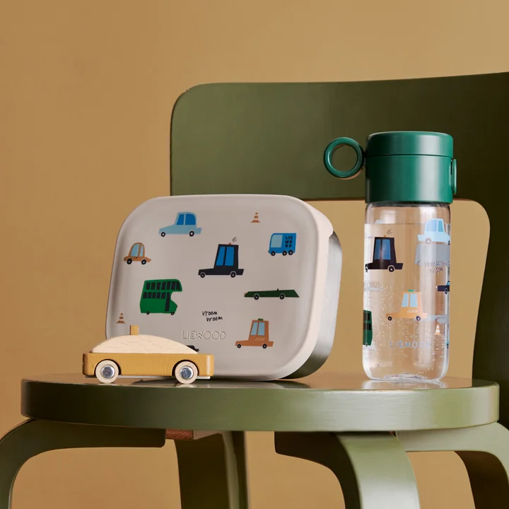LIEWOOD - Arthur Lunchbox with Lid, Cars / Sandy, and Clemence Bottle, 350 ml, Cars / Sandy