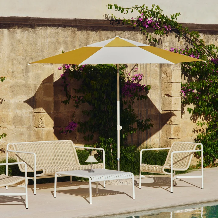 HAY - Terrazza Hexagonal parasol, Ø 300 cm, off-white/ochre, and Palissade Side table