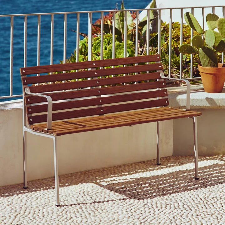 HAY - Traverse Outdoor Dining Bench with Armrests, Aluminum / Oiled Ash