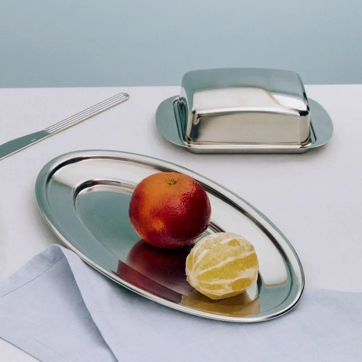 HAY - Essential Steel Oval Serving Platter (Medium) and Butter Dish, Stainless Steel