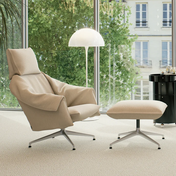 Vitra - Bascule Highback & Ottoman, 4-star aluminum base in chalk finish, F80 Iroko cream upholstery