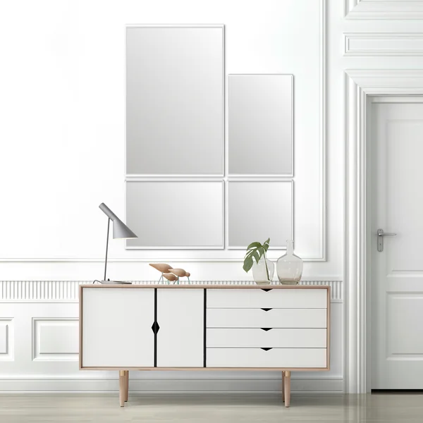 The VertiMirror wall mirror from Verti Copenhagen over a white sideboard