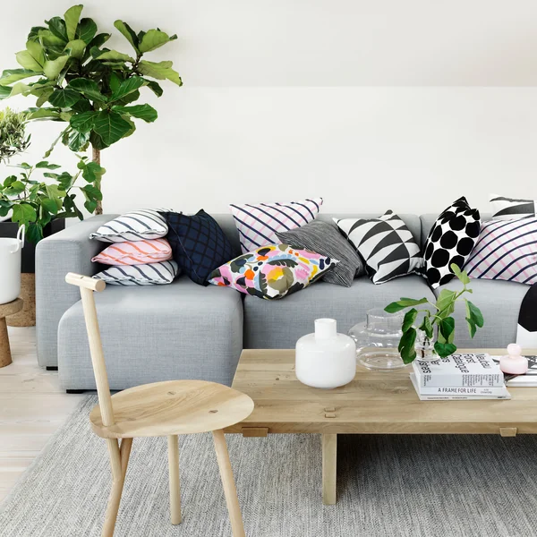 The Mint pillowcases from Marimekko on the sofa