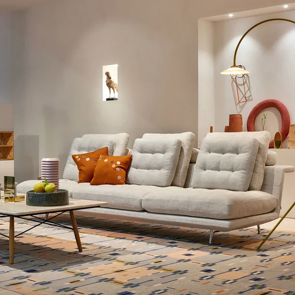 Vitra - Grand Sofà 3,5 Seater, Basic Dark Base / Die-Cast Aluminium, Polished / Beige (Corsaro Stone Melange 05) (Tufted)