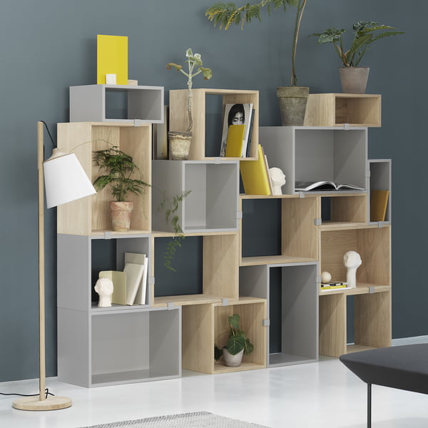 Stacked shelving system 2. 0 from Muuto in oak and light grey