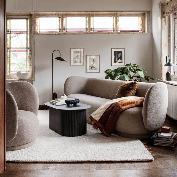 Rico 3 seater sofa and Rico Armchair in Bouclé sand from ferm Living in the living room