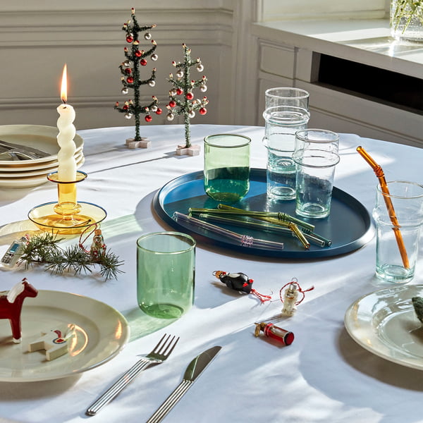 Drinking straws, drinking glasses and candle holders from Hay on the Christmas table setting