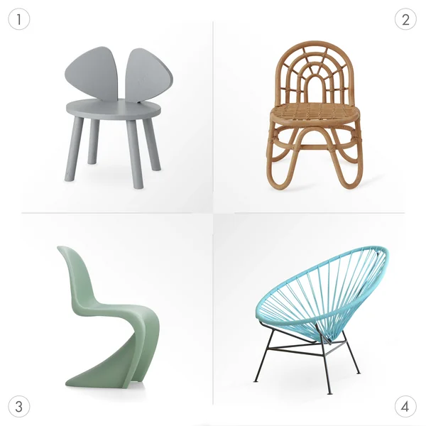 Children's chairs made of wood, wicker, plastic or metal